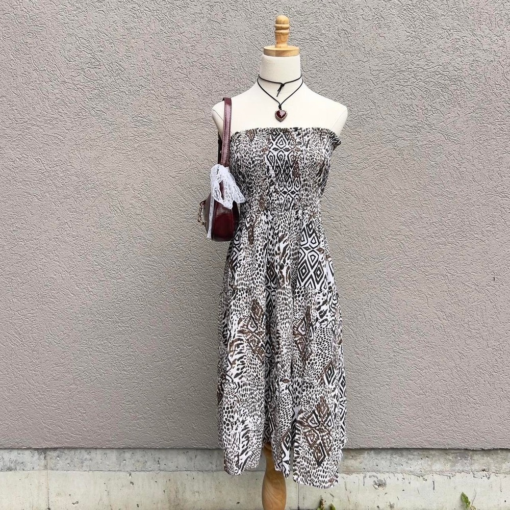 Brown & White Geometric Strapless Ruched Midi Dress Size Large 100% Cotton